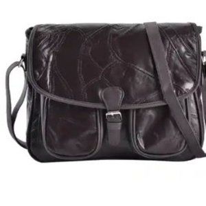 NWT-Brown Patch Work Sheep Leather Crossbody Bag with Faux Leather Trim